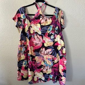 ASOS Black Off Shoulder Halter Pink and Yellow Tropical Floral Dress Size 14